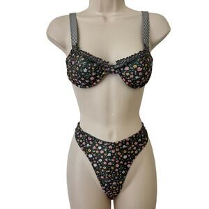 NEW Strawberry Milk Mob Ruffled Floral Check Underwire Bikini Swimsuit Olive S/M